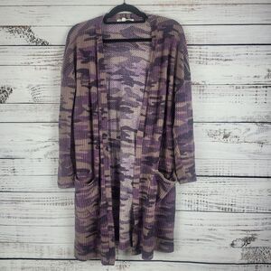 Lola Grace Camo Cardigan XL Womens Purple Tan Long Sleeve Pull On Pockets
